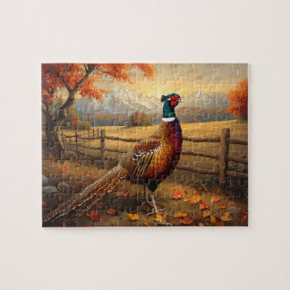 Fazant vogel herfst berg zonsondergang schilderij legpuzzel