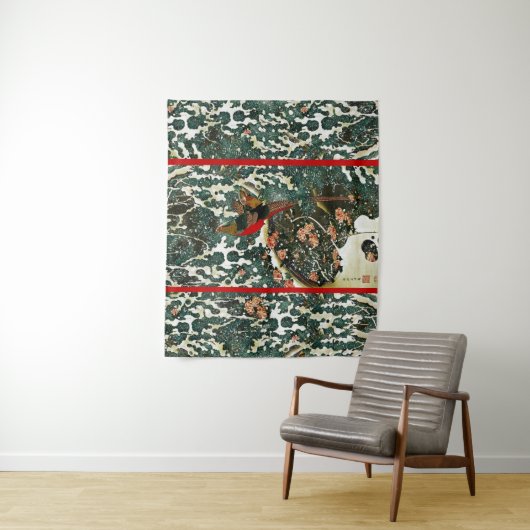 Fazanten in sneeuw, dennenboom,rozen,Japans bloemm Wandkleed (In situ)