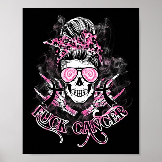 FCK Kanker Schedel Messy Bun Roze Borstkanker Awar Poster (Voorkant)