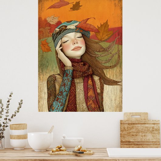 *~* FD2 Fall Leaves Girl Herfst Retro 7 Poster (Keuken)