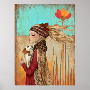 *~* FD2 Hond Herfst Whimsical Meisje Retro 15 Poster