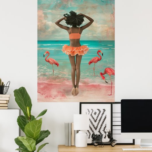 *~* FD2 Tropische zwarte vrouw roze flamingo 36 Poster (Thuiskantoor)
