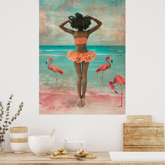 *~* FD2 Tropische zwarte vrouw roze flamingo 36 Poster (Keuken)