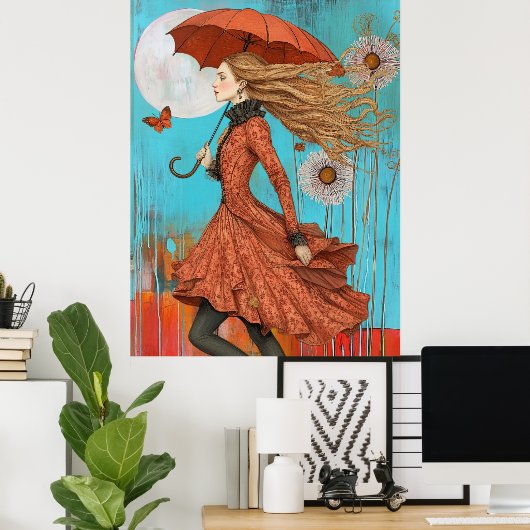 *~* FD2 UMBRELLA Fall Girl Autumn Retro 28 Poster (Thuiskantoor)
