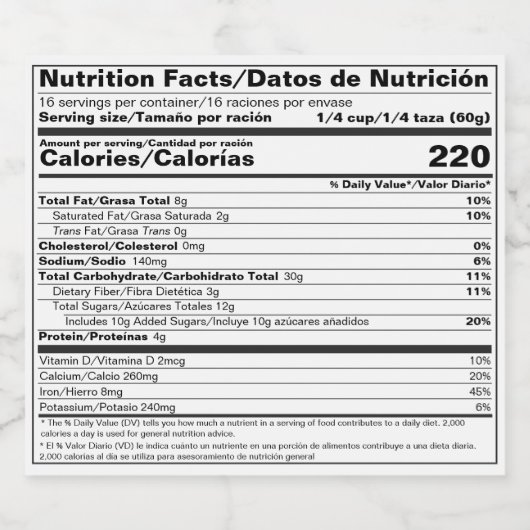 FDA Compliant Tweetalige Voedingsfeiten Etiket (Enkel label)