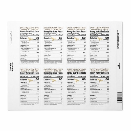 FDA-conforme voedingslabel honing 2023 Etiket (Full Sheet)