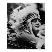 FDR Wearing Native American War Bonnet - 1932