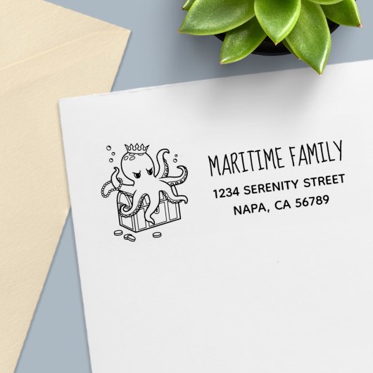 Fearsome Octopus Guarding Treasure Family Address Zelfinktende Stempel