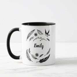 Feather, Bird and Leaves Line Art Custom Name Mok