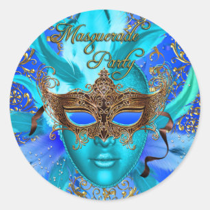 Feather Blauw & Goud Maskerade Feest Sticker