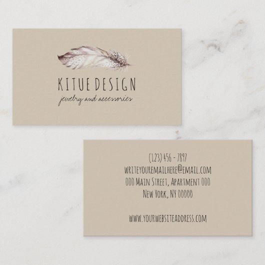 Feather Boho Girly Vrouwelijk Beige Grijs Visitekaartje (Voorkant / Achterkant)