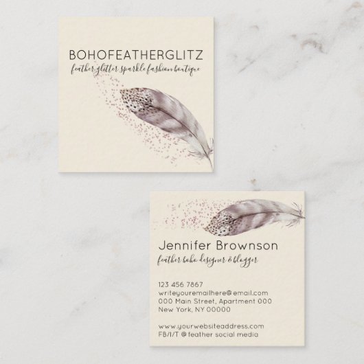 Feather Boho Glitter beige Elegant Vierkante Visitekaartje (Voorkant / Achterkant)