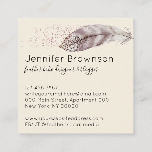 Feather Boho Glitter beige Elegant Vierkante Visitekaartje (Achterkant)