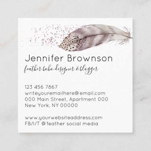 Feather Boho Glitter Simple Elegant Vierkante Visitekaartje (Achterkant)