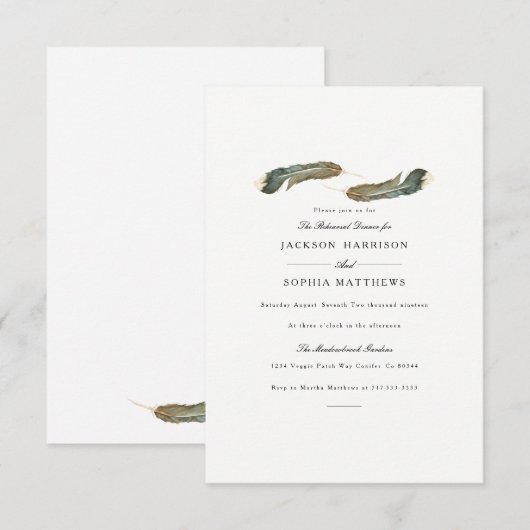 Feather Duo | Waterverf bruiloft uitnodigen Kaart (Voorkant / Achterkant)