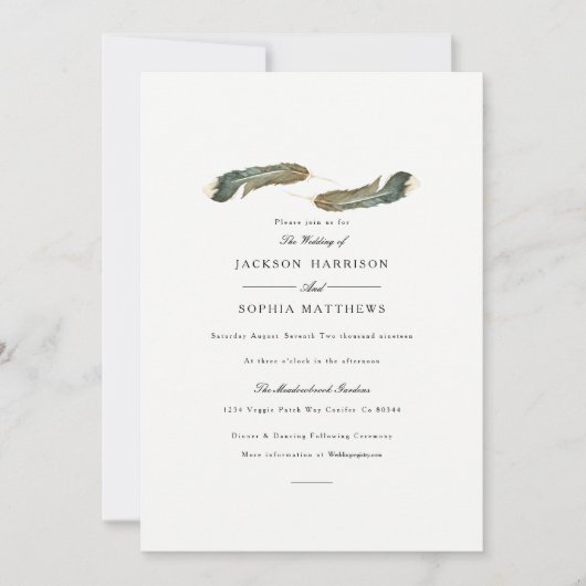 Feather Duo | Waterverf bruiloft uitnodigen Kaart (Voorkant)