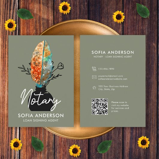 Feather Floral QR Code Notaris Loan Signing Agent Visitekaartje