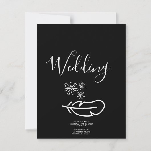 Feather Floral Zwart-wit bruiloft uitnodiging (Achterkant)