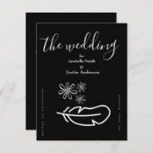 Feather Floral Zwart-wit bruiloft uitnodiging (Voorkant / Achterkant)