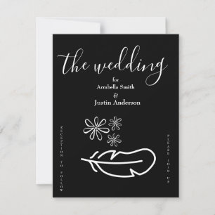 Feather Floral Zwart-wit bruiloft uitnodiging
