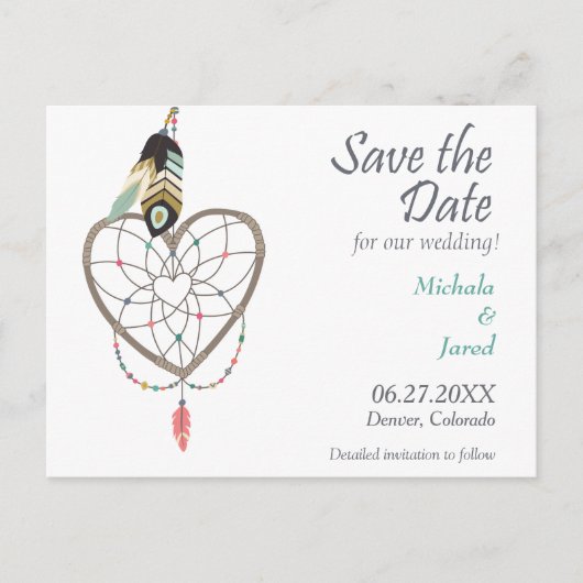 Feather Heart Dreamcatcher Save the Date Wedding Aankondigingskaart (Voorkant)
