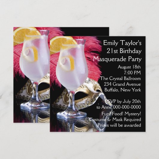 Feather Mask 21st Birthday Party Kaart (Voorkant / Achterkant)