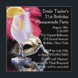 Feather Mask 21st Birthday Party Kaart<br><div class="desc">Veer masker en cocktail 21e verjaardag masquerade party uitnodiging.</div>
