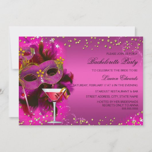 Feather Mask Masquerade Bachelorette Party nodigt  Kaart (Voorkant)