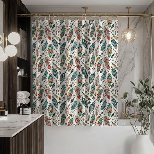 Feather Pattern Curtain Tribal Ethnic Bath Style Douchegordijn