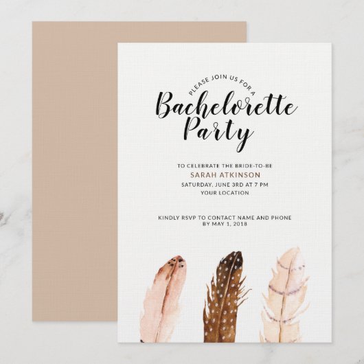 Feather Waterverf Bachelorette Party Uitnodiging (Voorkant / Achterkant)