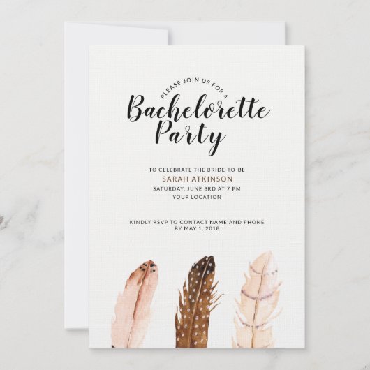 Feather Waterverf Bachelorette Party Uitnodiging (Voorkant)