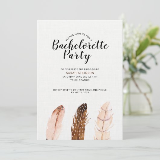 Feather Waterverf Bachelorette Party Uitnodiging (Staand voorkant)