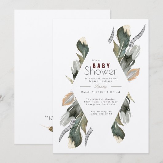 Feather Waterverf | Boho Baby shower Uitnodigen Kaart (Voorkant / Achterkant)