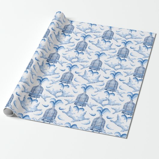 Feathered Fete in Blue Porcelain Cadeaupapier (Uitgerold)