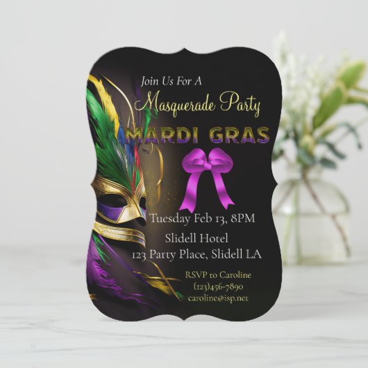 Feathered Mask Mardi Gras Party Kaart (Staand voorkant)