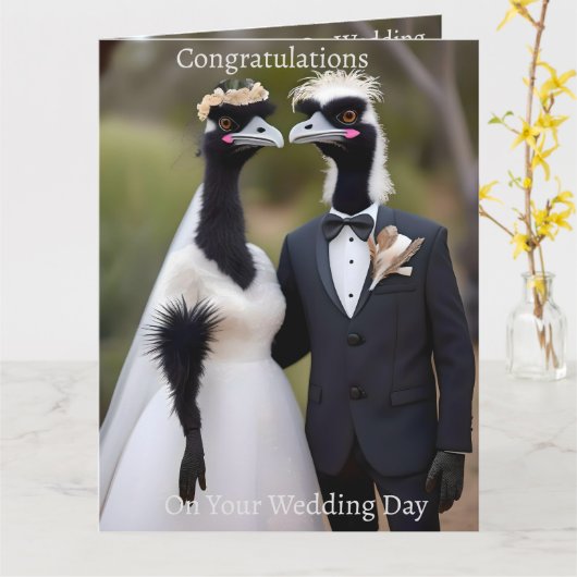 Feathered Vows: een emu-tiful huwelijksbond Kaart (Gele Bloem)