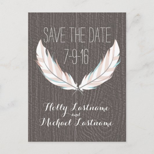 Feathers + Barn Wood Wedding Save the Date Aankondigingskaart (Voorkant)