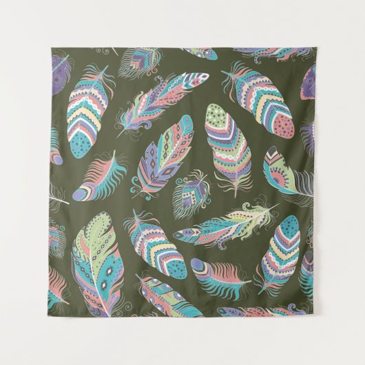 Feathers Boho Seamless Pattern. Etnische stam Wandkleed (Voorkant (horizontaal))