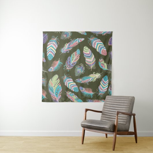 Feathers Boho Seamless Pattern. Etnische stam Wandkleed (In Situ (horizontaal))