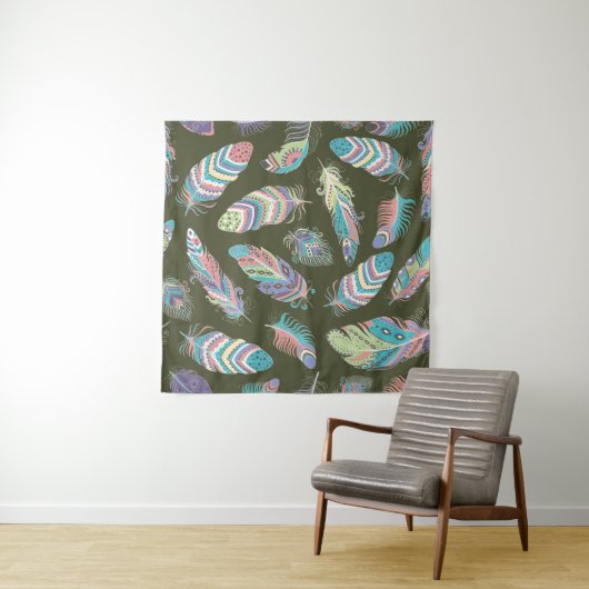 Feathers Boho Seamless Pattern. Etnische stam Wandkleed (In situ)