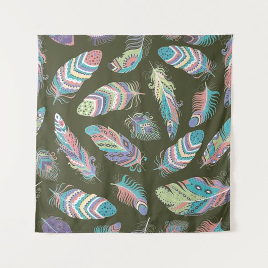 Feathers Boho Seamless Pattern. Etnische stam Wandkleed (Voorkant)