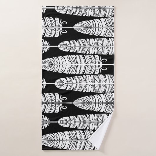 Feathers boho: zwart-wit patroon badhanddoek (Badhanddoek)