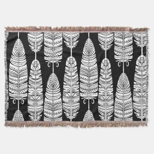 Feathers boho: zwart-wit patroon deken (Voorkant)