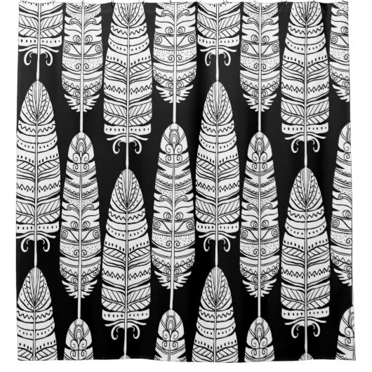Feathers boho: zwart-wit patroon douchegordijn (Voorkant)
