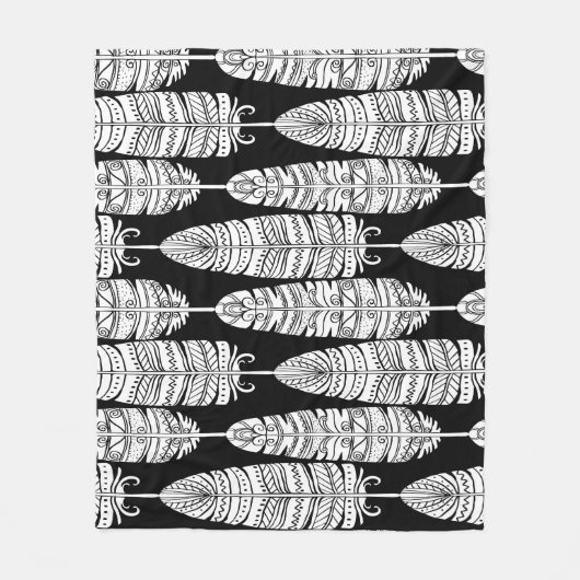 Feathers boho: zwart-wit patroon fleece deken (Voorkant)