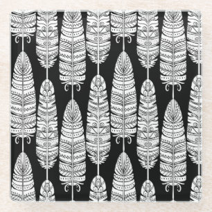 Feathers boho: zwart-wit patroon glazen onderzetter