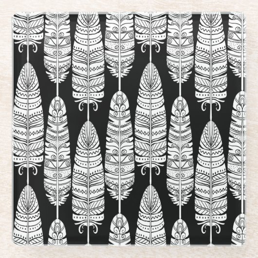 Feathers boho: zwart-wit patroon glazen onderzetter (Voorkant)