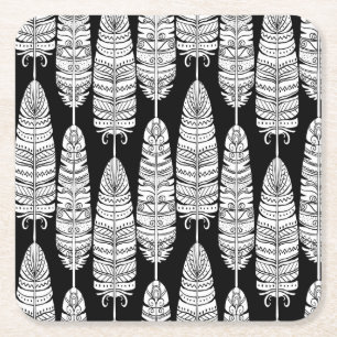 Feathers boho: zwart-wit patroon kartonnen onderzetters