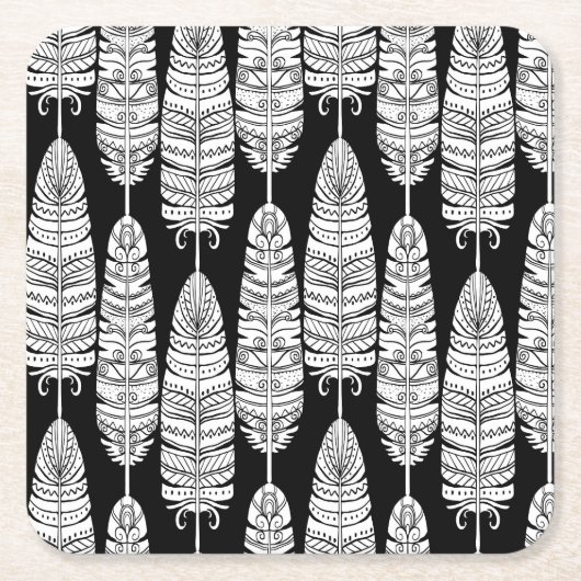 Feathers boho: zwart-wit patroon kartonnen onderzetters (Voorkant)
