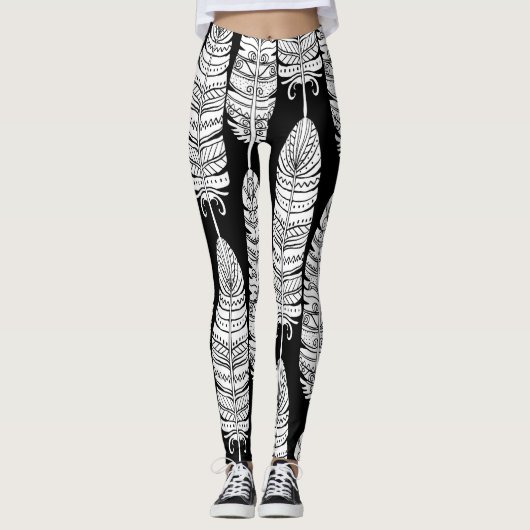 Feathers boho: zwart-wit patroon leggings (Voorkant)